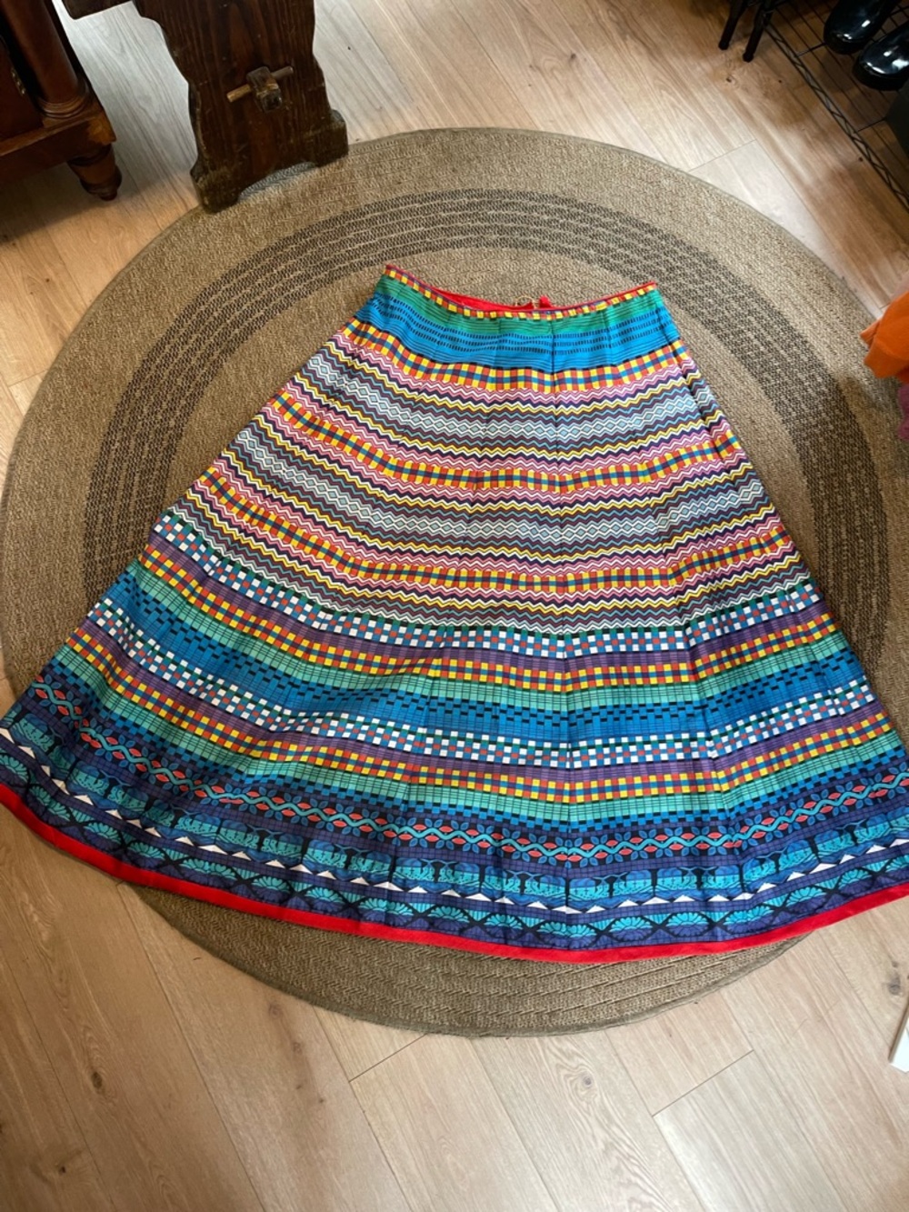 Handmade multicolored voluminous maxi skirt geometric pattern zipper & tie waist